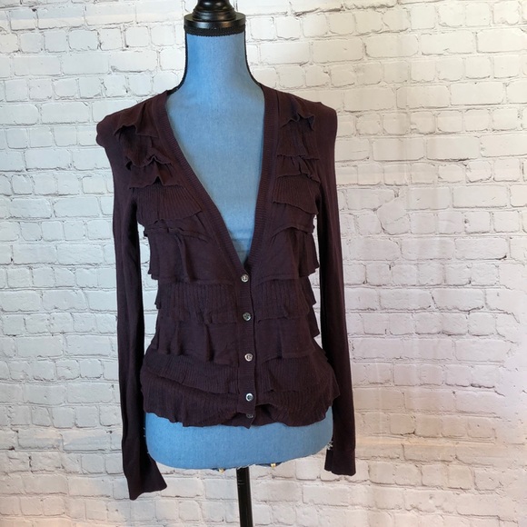 Ann Taylor eggplant cardigan w tiered ruffles - Picture 1 of 6